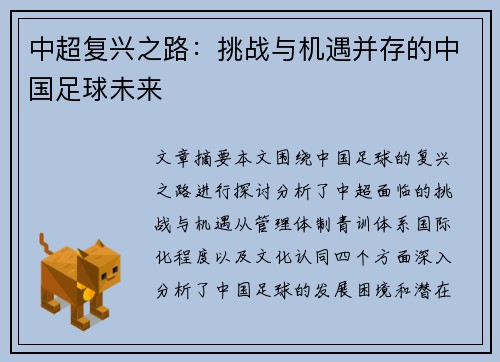 中超复兴之路：挑战与机遇并存的中国足球未来