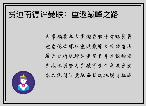 费迪南德评曼联：重返巅峰之路