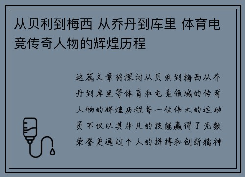 从贝利到梅西 从乔丹到库里 体育电竞传奇人物的辉煌历程